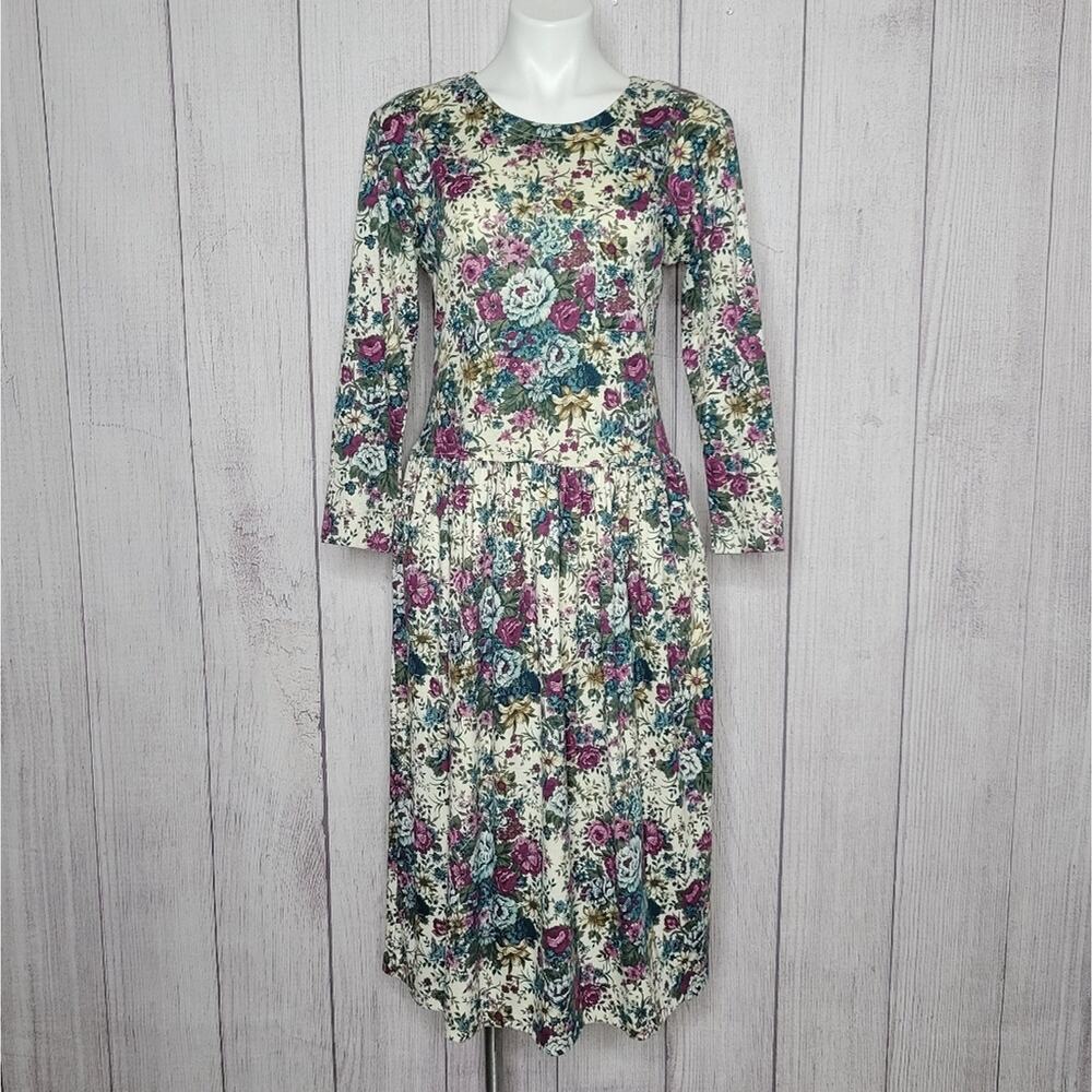 Vintage Cottagecore Cotton Blend Floral Midi Dress, size 8P - Picture 1 of 6